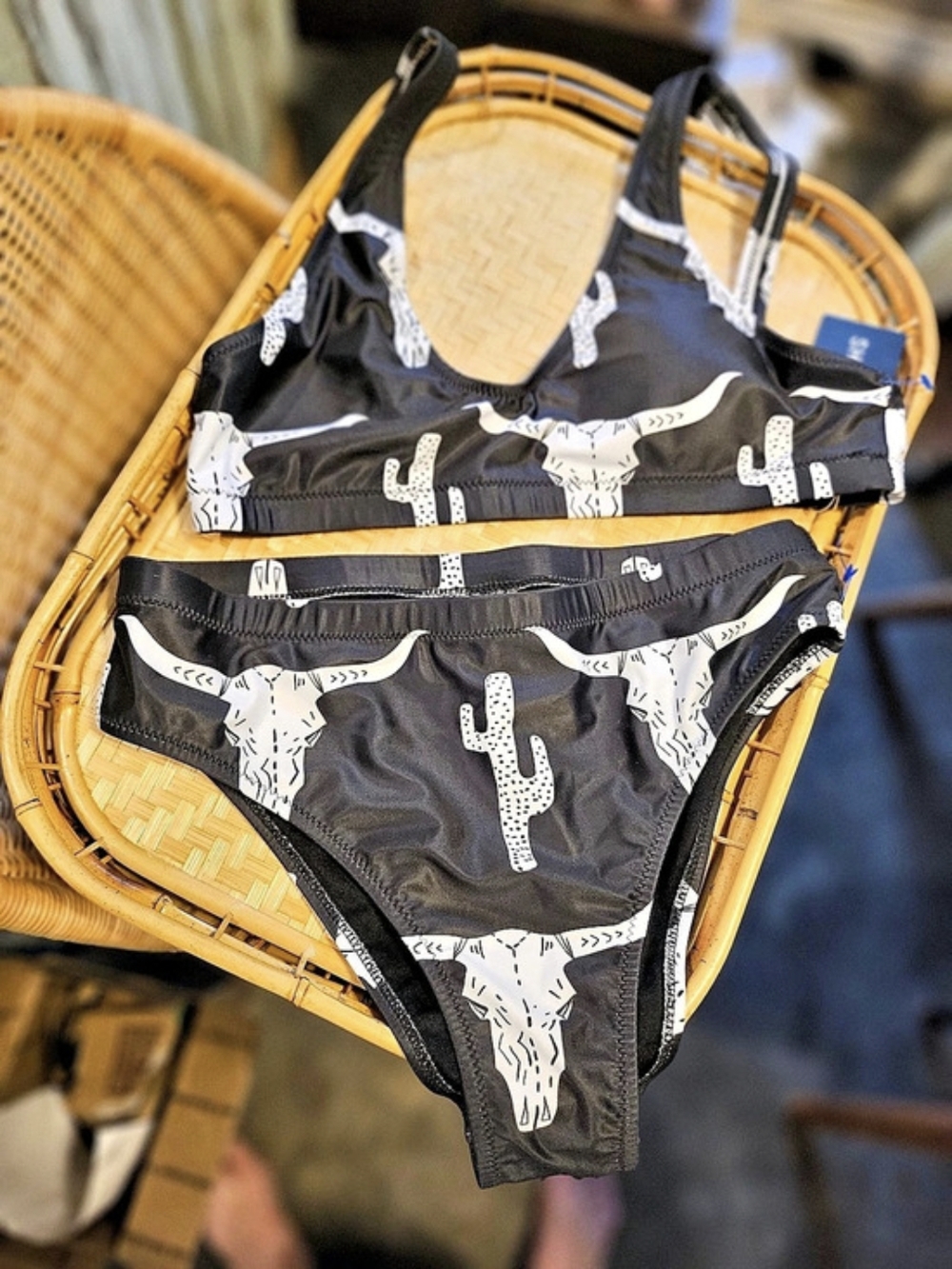 New! SHESHOW Aztec Bull Skull Two-Piece Bikini Set Bikini Set Black & White M